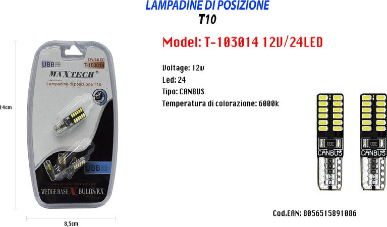 Lampadine Di Posizione T10 Maxtech T-103014 12v 24led 6000k Lampadine Ultra Luminose Auto e Moto/Parti per auto/Luci lampadine e indicatori/Lampadine/Lampadine per esterno Trade Shop italia - Napoli, Commerciovirtuoso.it