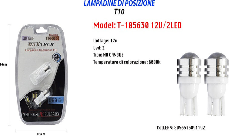 Lampadine Di Posizione T10 Maxtech T-105630 12v 2led Lampadine Ultra Luminose 6000k Auto e Moto/Parti per auto/Luci lampadine e indicatori/Lampadine/Lampadine per esterno Trade Shop italia - Napoli, Commerciovirtuoso.it