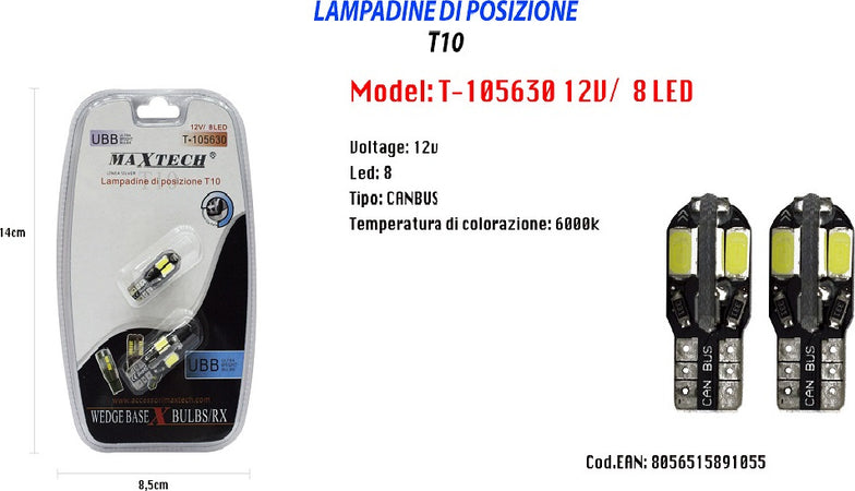 Lampadine Di Posizione T10 Maxtech T-105630 12v 8 Led Lampadine Ultra Luminose Auto e Moto/Parti per auto/Luci lampadine e indicatori/Lampadine/Lampadine per esterno Trade Shop italia - Napoli, Commerciovirtuoso.it