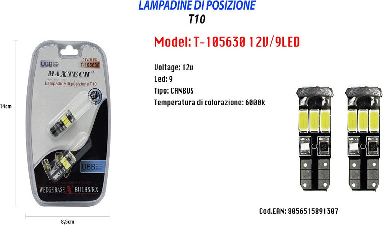 Lampadine Di Posizione T10 Maxtech T-105630 12v 9led Canbus Ultra Luminose 6000k Auto e Moto/Parti per auto/Luci lampadine e indicatori/Lampadine/Lampadine per esterno Trade Shop italia - Napoli, Commerciovirtuoso.it