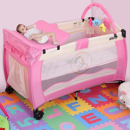 Lettino-Culla-Box-Gioco-+-Fasciatoio-e-Giochi-Bambini-Campeggio-Pieghevole-Rosa