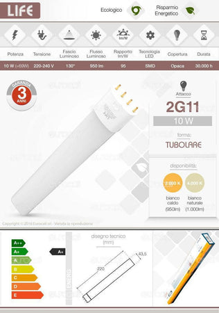 LIFE LAMPADINA LED 2G11 4 PIN 10W TUBOLARE 43,5 x 220mm Illuminazione/Lampadine/Lampadine a LED Zencoccostore - Formia, Commerciovirtuoso.it