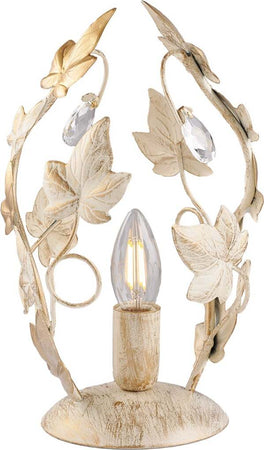 Lumetto-Shabby-Edera-1-Luce-Ferro-Battuto-Avorio-E-Oro-Con-Foglie-E-Cristalli