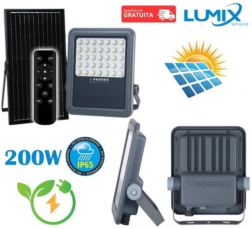 Faro proiettore luce LED da 200W con pannello solare per esterno con sensore crepuscolare e movimento