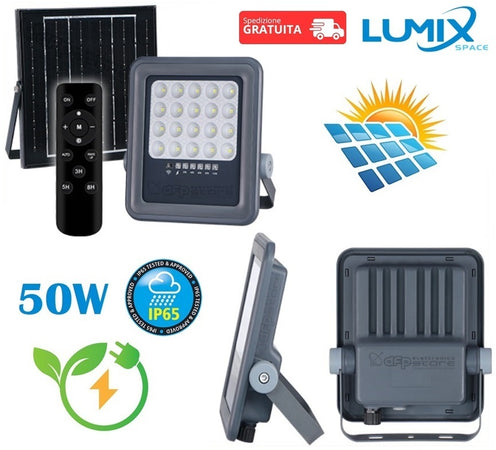 Faro proiettore luce LED da 50W con pannello solare per esterno con sensore crepuscolare e movimento