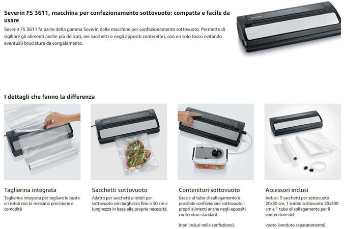 Macchina per Confezionamento Sottovuoto Alimenti con kit accessori Severin Fs3611