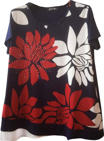 Maglia Donna Blu Rossa Bianca Fiori Made in Italy Maglietta Girocollo Mezze Maniche Over per Signora Top Giada Elegante Maniche Corte BlART. 731345 maglia donna L'Orchidea - Siderno, Commerciovirtuoso.it