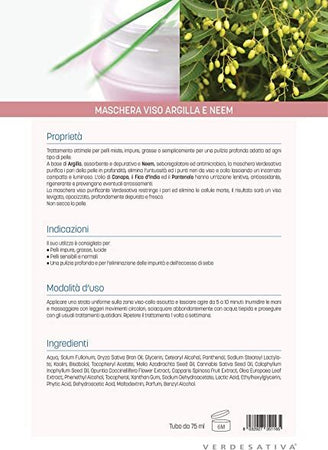 Maschera-viso-Argilla-e-Neem-per-pelle-impura-grassa-lucida-sensibile-per-una-pulizia-profonda-e-delicata.-elimina-le-impurità-ed-eccesso-di-sebo.-Certificata-Bio-&-Vegan-Nickel-tested