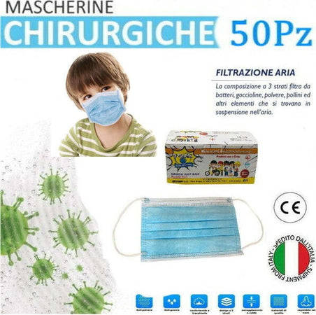 Mascherine-Chirurgiche-Per-Bambini-Monouso-In-Tnt-3-Strati-Protettivi-Viso-50pz