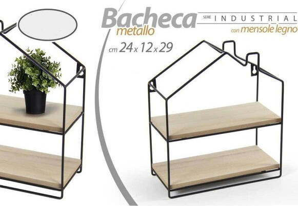 Mensola-Bacheca-Parete-Casetta-Metallo-24x12x29cm-Nero-2-Ripiani-In-Legno-818707