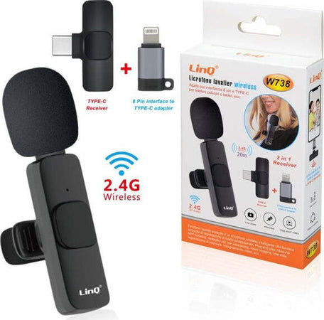 Microfono-Lavalier-Con-Clip-Colletto-Bavero-Wireless-2.4g-Con-Ricevitore-20m-W738