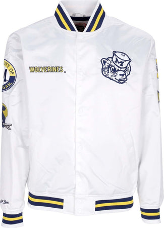 MITCHELL-&-NESS-Giubbotto-Bomber-Uomo-Ncaa-Hometown-Lw-Satin-Jacket-Micwol-White-da-uomo