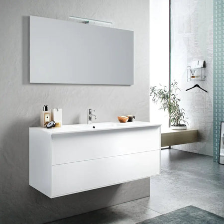 Mobile Bagno 120cm Sospeso Due Cassetti e Specchio Con Lampada Bianco Opaco