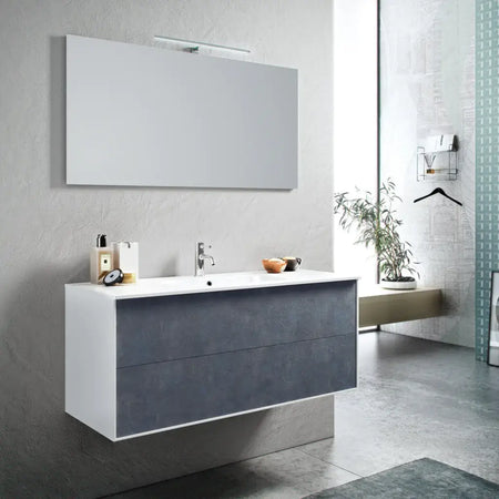 Mobile Bagno 120cm Sospeso Due Cassetti e Specchio Con Lampada Blu Effetto Pietra