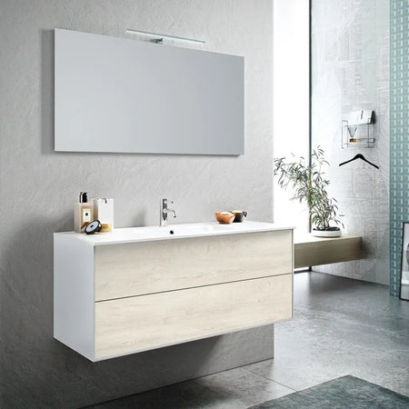 Mobile Bagno 120cm Sospeso Due Cassetti e Specchio Con Lampada Rovere Alaska