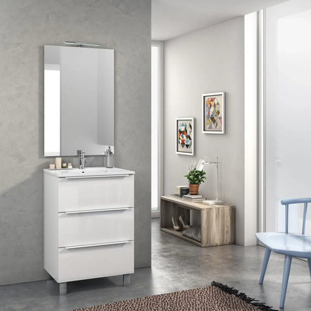 Mobile Bagno 60cm a Terra Con Tre Cassetti e Specchio Bianco Laccato Lucido