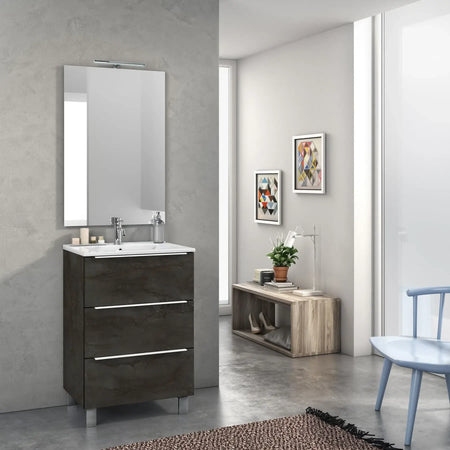 Mobile Bagno 60cm a Terra Con Tre Cassetti e Specchio Ossido
