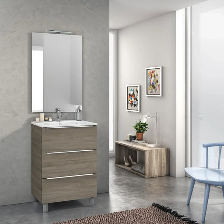 Mobile Bagno 60cm a Terra Con Tre Cassetti e Specchio Rovere Cenere