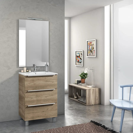 Mobile Bagno 60cm a Terra Con Tre Cassetti e Specchio Rovere Miele
