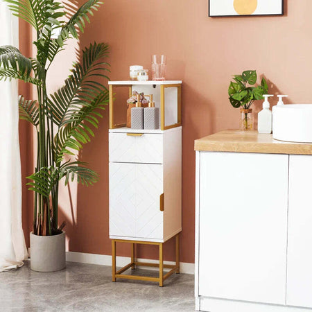 Mobile-Colonna-Bagno-con-Cassetto,-Armadietto-e-Ripiano-in-Legno-e-Metallo,-30x30x105cm,-Bianco-TD4834-537V80WTTD4