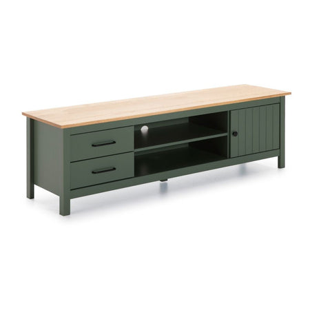 Mobile porta tv Miranda con 1 anta 2 cassetti e 2 vani a giorno in legno massiccio colore verde e top pino