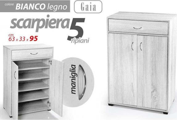 Mobile-Scarpiera-Armadio-2-Ante-Cassetto-5-Ripiani-Legno-Bianco-95x63x33cm-770937