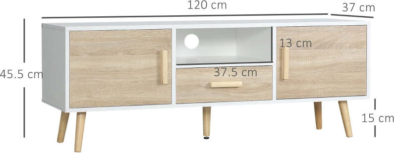 Mobile-TV-Basso-per-TV--con-Ripiano-Aperto,-Cassetto-e-2-Armadietti,-in-Truciolato-e-Pino,-120x40x55.3-cm-F839-139AKA