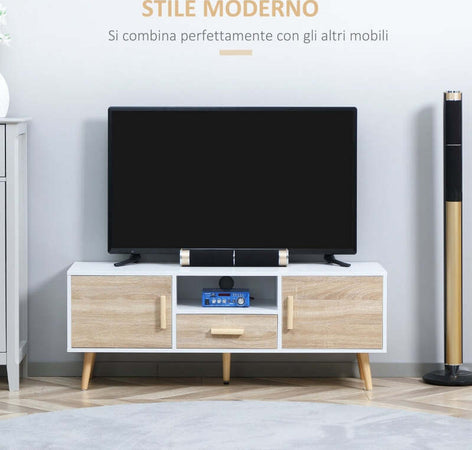 Mobile-TV-Basso-per-TV--con-Ripiano-Aperto,-Cassetto-e-2-Armadietti,-in-Truciolato-e-Pino,-120x40x55.3-cm-F839-139AKA