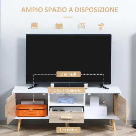 Mobile-TV-Basso-per-TV--con-Ripiano-Aperto,-Cassetto-e-2-Armadietti,-in-Truciolato-e-Pino,-120x40x55.3-cm-F839-139AKA