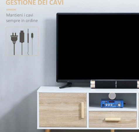 Mobile-TV-Basso-per-TV--con-Ripiano-Aperto,-Cassetto-e-2-Armadietti,-in-Truciolato-e-Pino,-120x40x55.3-cm-F839-139AKA