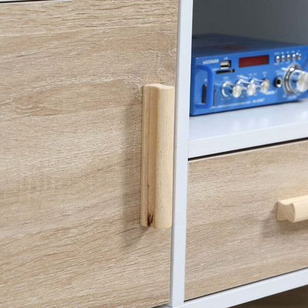 Mobile-TV-Basso-per-TV--con-Ripiano-Aperto,-Cassetto-e-2-Armadietti,-in-Truciolato-e-Pino,-120x40x55.3-cm-F839-139AKA