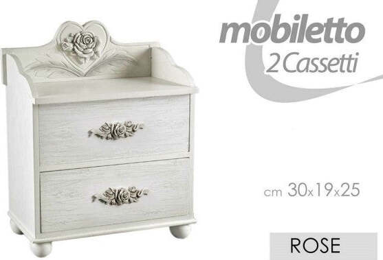 Mobiletto-2-Cassetti-Legno-Porta-Oggetti-Comodino-Rose-30x19x25cm-Bianco-574665