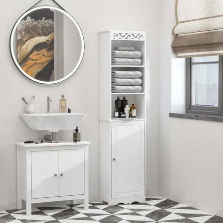 Mobiletto-del-Bagno-a-Torre-3-Ripiani-Regolabili-su-3-Livelli-e-1-Ampio-Armadietto-Inferiore-Manopole-sull'Anta-MDF-Bianco-40x23x160cm-ED6834-198ED6