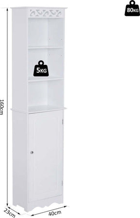 Mobiletto-del-Bagno-a-Torre-3-Ripiani-Regolabili-su-3-Livelli-e-1-Ampio-Armadietto-Inferiore-Manopole-sull'Anta-MDF-Bianco-40x23x160cm-ED6834-198ED6