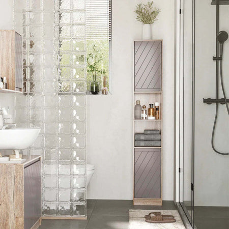 Mobiletto-Salvaspazio-per-Bagno-in-Legno,-Mobile-da-Bagno-con-2-Armadietti-e-6-Ripiani,-Grigio-e-Rovere,-Design-a-Torre-30-x-24-x-170cm-QS5834-240QS5