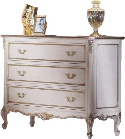 MOBILI-2G---Cassettiera-3-cassetti-Classico-Legno-Shabby-Bianco-Argento-130x62x107