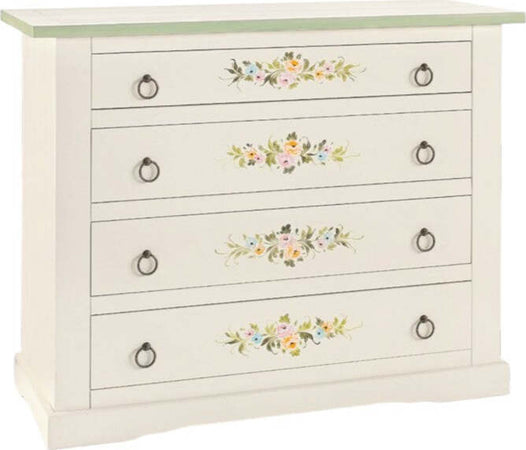 MOBILI-2G---Cassettiera-4-cassetti-legno-shabby-bianco-decori-115x50X90