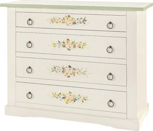 MOBILI-2G---Cassettiera-4-cassetti-legno-shabby-bianco-decori-115x50X90