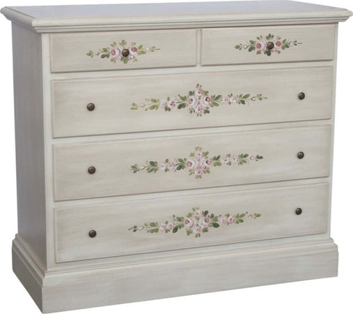 MOBILI-2G---Cassettiera-5-cassetti-legno-shabby-bianco-anticato-decori-117x51X101