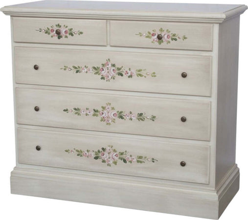 MOBILI-2G---Cassettiera-5-cassetti-legno-shabby-bianco-anticato-decori-117x51X101