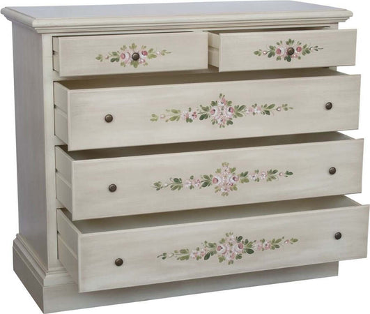 MOBILI-2G---Cassettiera-5-cassetti-legno-shabby-bianco-anticato-decori-117x51X101