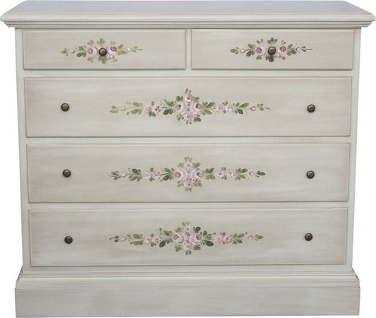 MOBILI-2G---Cassettiera-5-cassetti-legno-shabby-bianco-anticato-decori-117x51X101