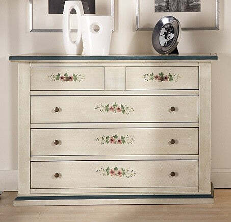 MOBILI-2G---Cassettiera-5-cassetti-legno-shabby-bianco-anticato-decori-filo-blu-120x50X85