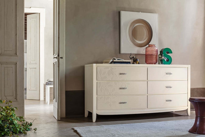 MOBILI-2G---CASSETTIERA-6-CASSETTI-CON-DECORO-FOGLIA-IN-LEGNO-MASSELLO-L.180-P.56-H.90