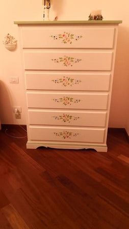 MOBILI-2G---Cassettiera-6-cassetti-legno-shabby-bianco-decori-97x49X140