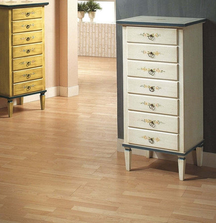 MOBILI-2G---Cassettiera-7-cassetti-in-legno-arte-povera-laccato-bianco-con-profili-blu-e-decori-L.49-x-P.37-H.106