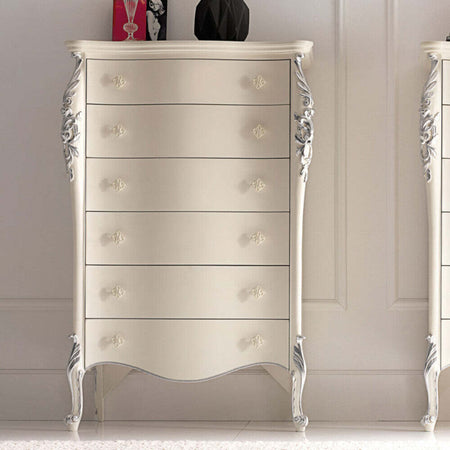 MOBILI-2G---CASSETTIERA-CLASSICA-SAGOMATA-6-CASSETTI-IN-LEGNO-BIANCO-ARGENTO-L.86-P.47-H.132