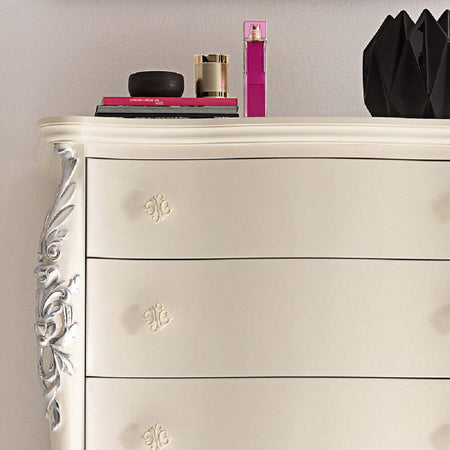 MOBILI-2G---CASSETTIERA-CLASSICA-SAGOMATA-6-CASSETTI-IN-LEGNO-BIANCO-ARGENTO-L.86-P.47-H.132