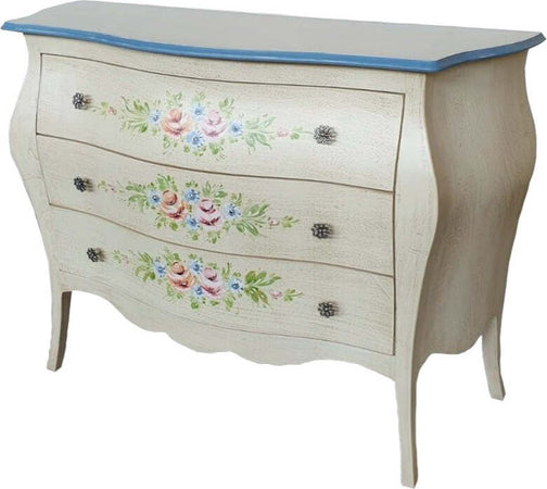 MOBILI-2G---Cassettiera-sagomata-3-cassetti-legno-shabby-avorio-anticato-decori-99x41X85