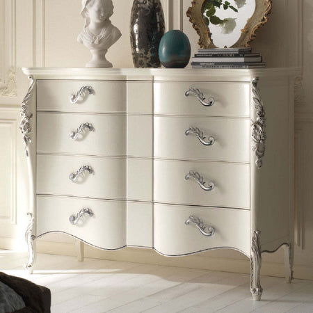 MOBILI-2G---CASSETTIERA-SAGOMATA-4-CASSETTI-IN-LEGNO-BIANCO-ARGENTO-L.137-P.57-H.110